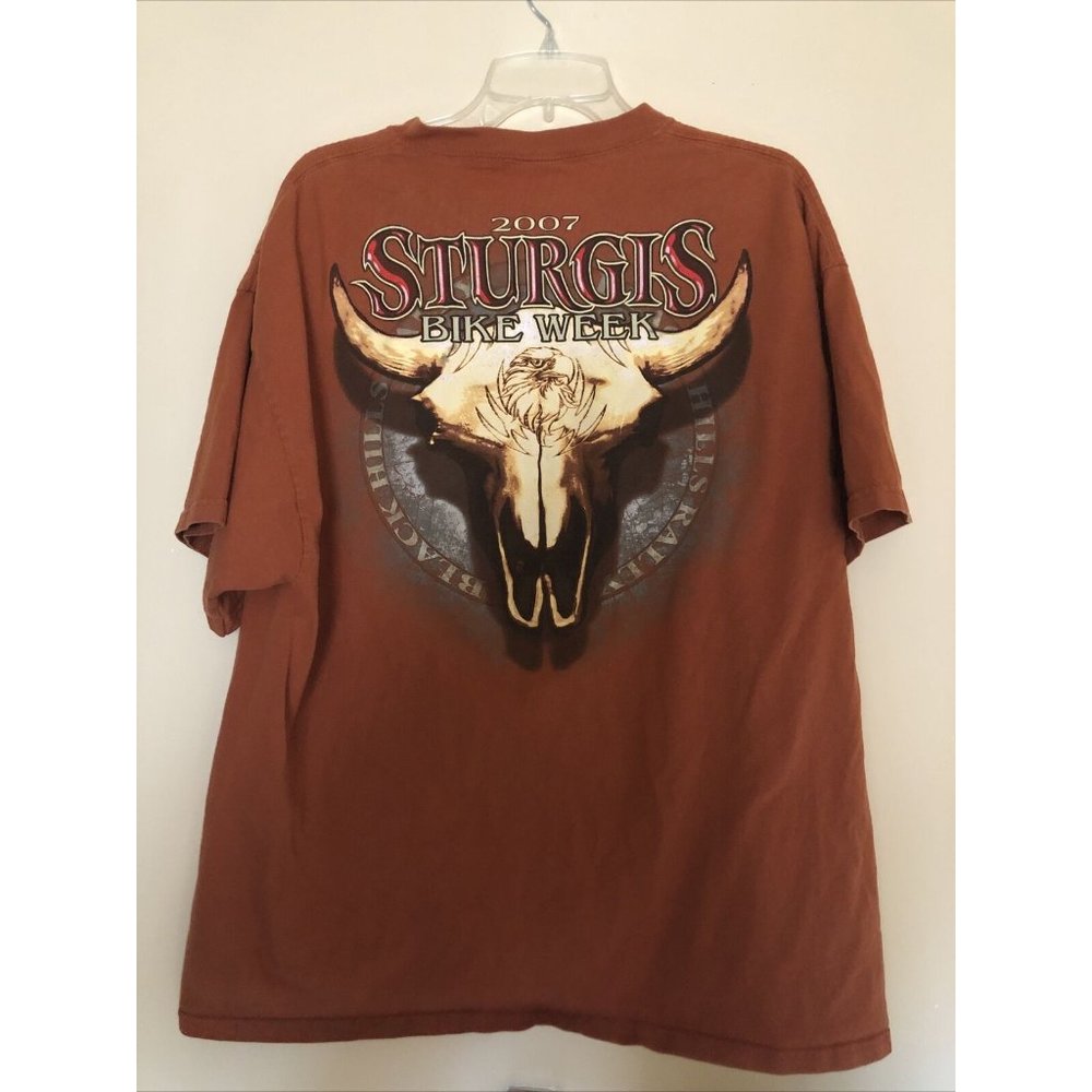 T Shirt Men XL Sturgis Black Hills Biker Rally 2007 Orange Cattle Skull & Eagle - Picture 7 of 12